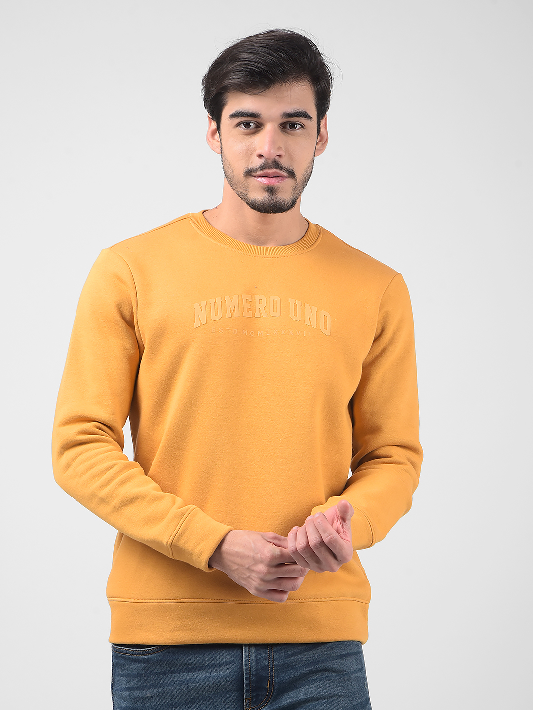 Numero Uno Men Typography Mustard Sweat Shirt